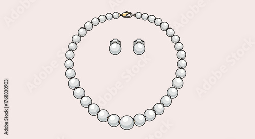 Pearl necklace and clip earrings on a light pink backdrop