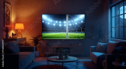 Modern living room at night. Large flat screen TV displays soccer game stadium with bright lights