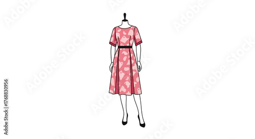 Pink dress with ghost patterns and black waist band on a mannequin with line drawing legs