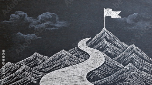 White Chalk Drawing of a Mountain Path Leading to a Flag on a Peak against a Dark Background