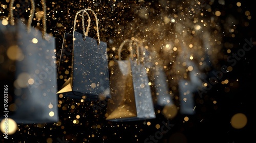 Black Friday shopping bags floating with golden sparkling particles