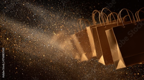 Black Friday shopping bags floating with golden sparkling particles