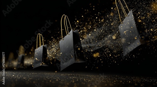 Black Friday shopping bags floating with golden sparkling particles