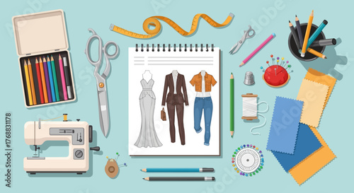 Sewing desk with a sewing machine a sketch book pencils scissors tape fabric and other tailoring tools