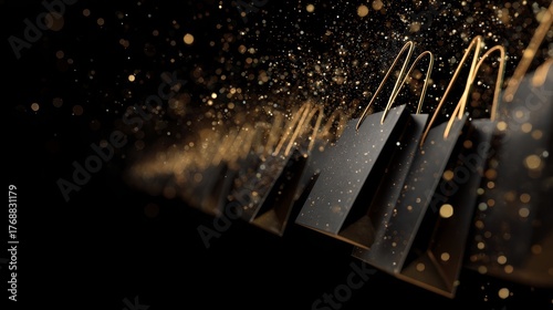Black Friday shopping bags floating with golden sparkling particles