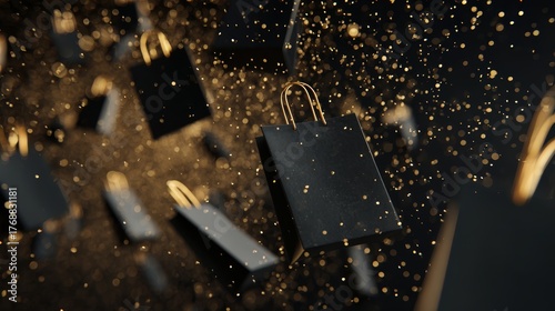 Black Friday shopping bags floating with golden sparkling particles