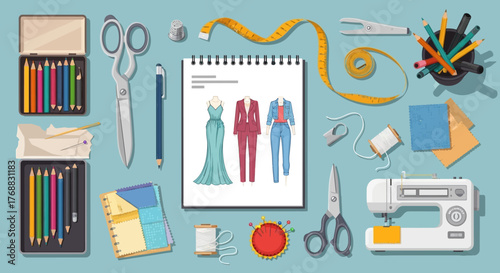 Sewing tools layout design sketches tailoring accessories pencils fabric samples machine