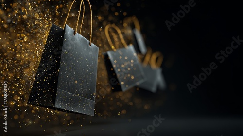 Black Friday shopping bags floating with golden sparkling particles