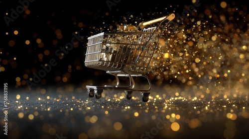 Shopping cart floating filled with Black Friday deals surrounded by glowing golden particle effects