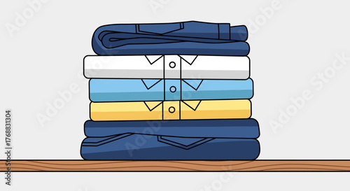 Stack of folded clothes on a wooden shelf featuring jeans and shirts in white light blue and yellow