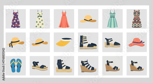 Summer attire dresses hats and shoes are displayed in a grid