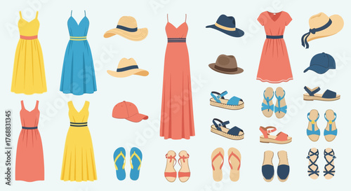 Summer clothing collection features dresses hats and sandals