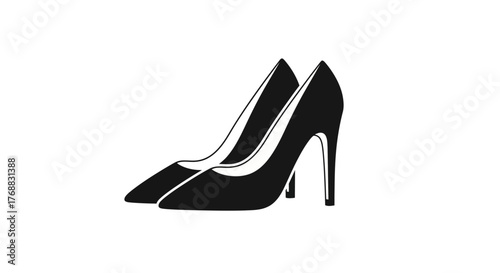 Two black highheeled shoes are displayed against a white background