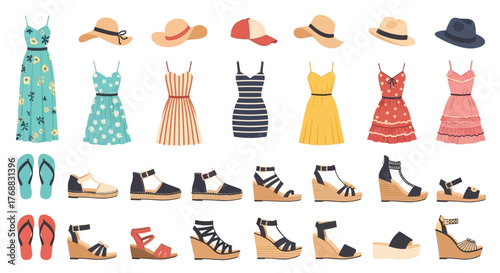 Summer clothing hats dresses flipflops and wedge sandals in a grid arrangement