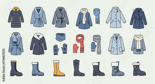 Winter clothing Coats scarves gloves mittens and boots on a light background