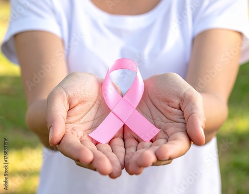 Female Hands Holding a Pink Ribbon – Symbol of Breast Cancer Awareness, Hope, and Support
