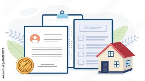 first time homebuyer loan house concept. Documents related to contracts and real estate illustrated with a house.