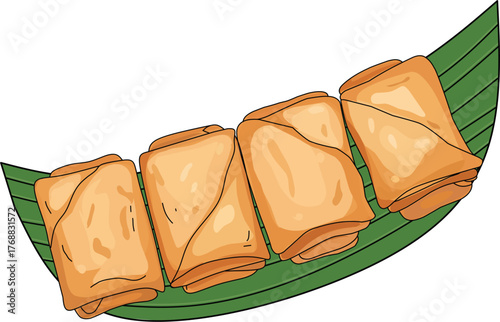 Food Vector Illustration of Spring Rolls on Banana Leaf in Cartoon Style