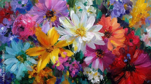 Abstract Floral Arrangement with a Spectrum of Bright Colors and Textured Brushstrokes