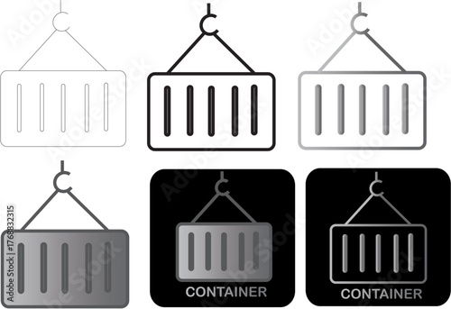 Minimalist vector icons of cargo shipping containers suspended by a crane hook, ideal for global logistics, industrial transportation, and supply chain business graphic designs