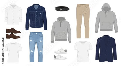Assorted clothing items shirts jackets pants shoes  belt arranged on a white background