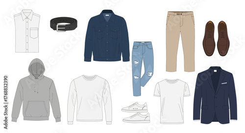 An array of clothing items including shirts jeans jackets pants footwear and accessories