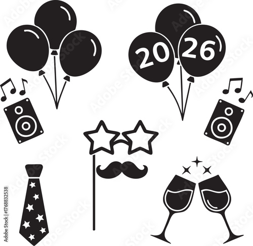 2026 New Year Party Icons with Balloons, Music, Glasses, and Decorations