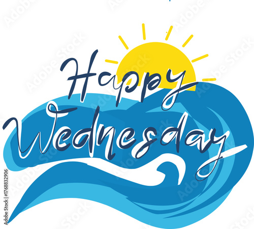 Vector Illustration of Happy Wednesday Message with Waves and Sun in Blue and Yellow in a Modern Style