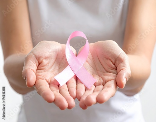 Female Hands Holding a Pink Ribbon – Symbol of Breast Cancer Awareness, Hope, and Support