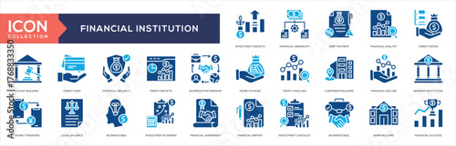Financial Institution Icon Collection For Business Presentation.  Financial Report, Investment Checklist, Business Deal, Bank Building, Financial Success, Investment Growth