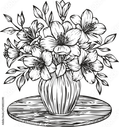 Hand drawn sketch of a bouquet of flowers in a vase