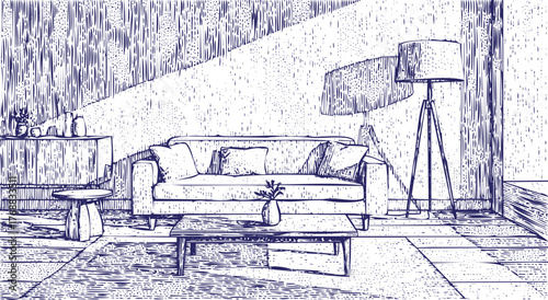 Living room interior sketch, a cozy space with sofa and lamp illustration