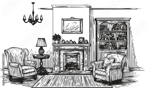 Classic living room interior sketch, a vintage space with fireplace and armchairs