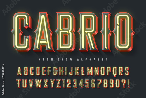 Retro neon alphabet design, cabaret, fairy Broadway lamps letters and numbers.