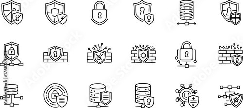 Firewall and Data Protection Outline Icon Set. Network Security, Antivirus, and Cybersecurity Linear Symbols.