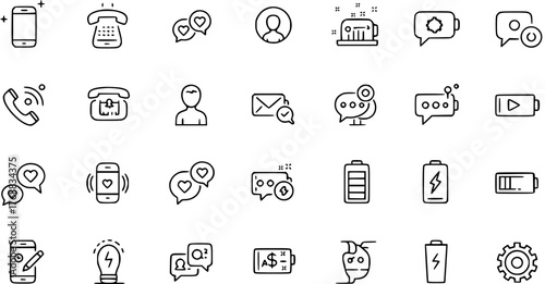 Communication and Technology Icons: Smartphone, Phone, Message, Battery, and More Vector Symbols