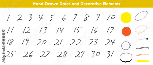 手書きのカレンダー_日付け,おまけのあしらいつき_ベクター｜Hand-drawn calendar dates with decorative elements – Vector