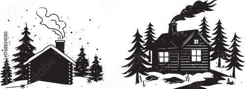 Winter cabin scene illustration vector graphic black and white log cabin design silhouette