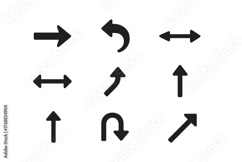 Set of 9 minimalist black solid icons showing movement and orientation like turn, pointer, and diverge arrows, ideal for apps, websites, and UI resources.