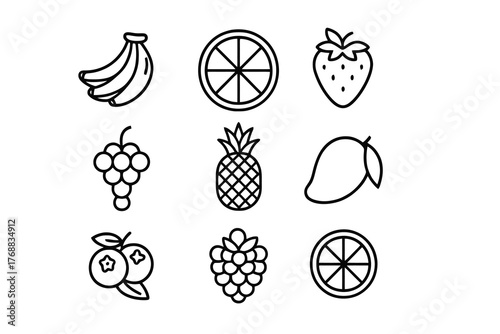Black thin line vector icons of fruits including banana, orange, and grapes, perfect for grocery, healthy food, and organic design projects.