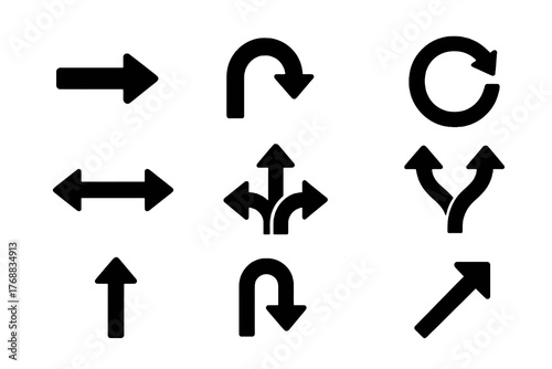 Black glyph vector icons of arrows and directional symbols including rotate, merge, and expand, perfect for interface, maps, and navigation design.