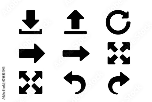 Black glyph vector icons of UI arrows including download, upload, and refresh, perfect for interface design, websites, and digital applications.