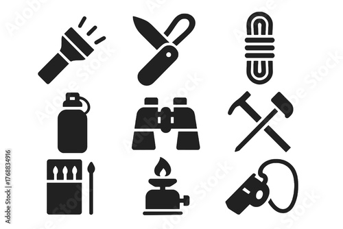 Set of 9 minimalist black solid icons showing essential camping and travel equipment such as stove, bottle, and binoculars, ideal for eco-tourism visuals.