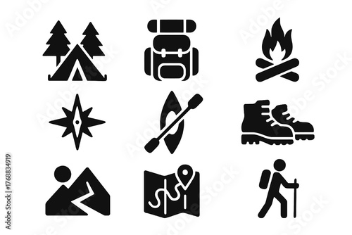 Set of 9 minimalist black solid icons showing nature exploration elements such as kayak, compass, and mountains, ideal for wilderness and travel design.