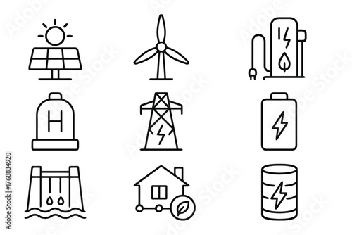 Set of 9 minimalist black icons showing clean power generation and smart grid infrastructure, perfect for green energy, innovation, and eco-technology design.