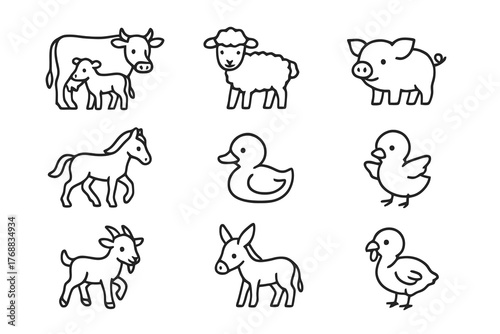 Set of 9 minimalist black icons showing young rural animals such as foal, chick, and duckling, ideal for veterinary, eco-design, and farming visuals.