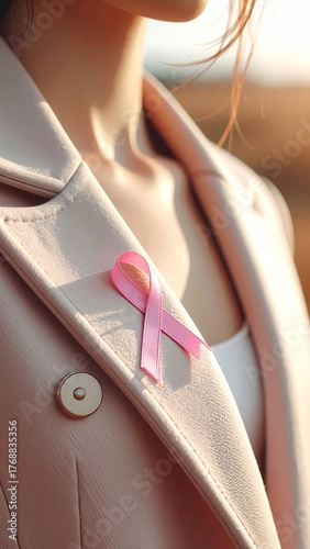 Pink Ribbon on a Woman’s Pink Jacket – Breast Cancer Awareness and Support Symbol
