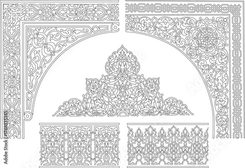 Intricate ornamental design featuring an arched frame with elaborate floral and geometric patterns. Suitable for architectural details, decorative borders, or luxury branding.
