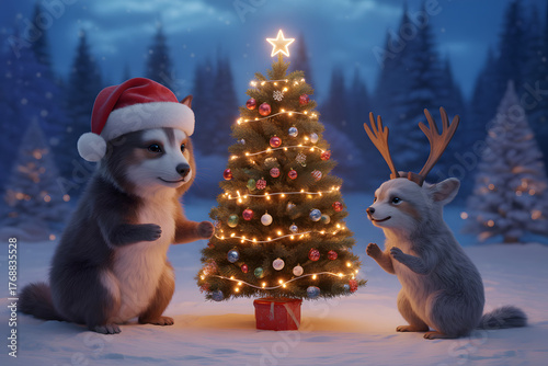 Cute cartoon animals celebrating christmas by a decorated tree