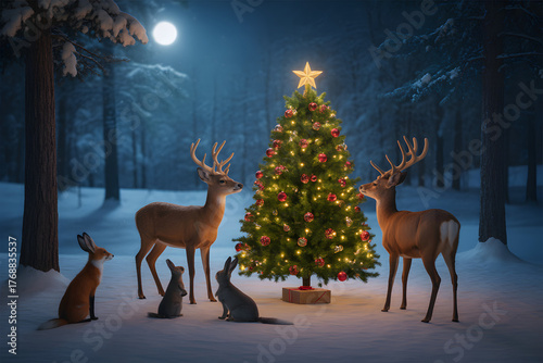 Magical winter forest scene with deer and decorated christmas tree under moonlight
